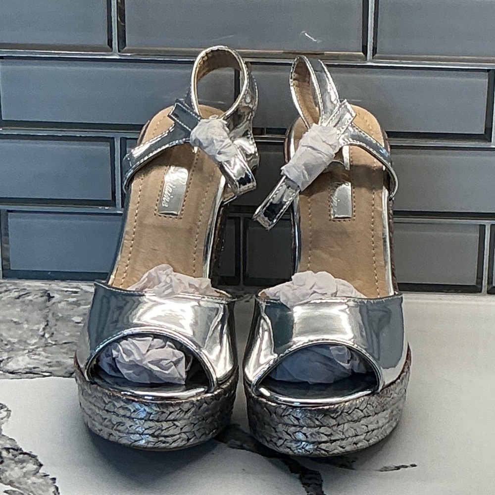 Lina Silver Metallic Espadrille Platform Wedge Sandals 8.5 Open Toe Ankle Strap - Picture 2 of 6